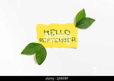 Visualizzazione concettuale Ciao SettemberPer un caloroso benvenuto al mese di settembre. Idea di affari desiderosa ardentemente un benvenuto caldo al mese Foto Stock