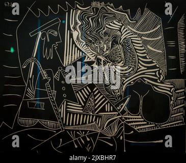 'Variazione su 'le Déjeuner sur l'herbe, di Manet' linocut di Picasso, Museo Picasso, una galleria d'arte situata nel Hôtel Salé in rue de Thorigny, in Foto Stock