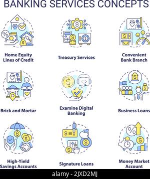 Set di icone dei concetti relativi ai servizi bancari Illustrazione Vettoriale