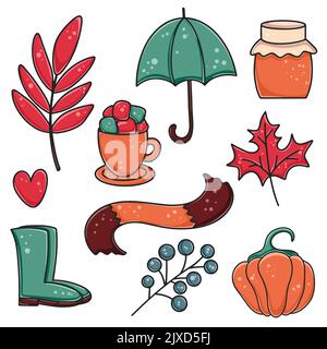 Set autunnale di articoli per il massimo comfort. Fascio di ombrello, stivali di gomma, sciarpa, miele, zucca, foglia d'acero, bacche, caffè con marshmallows. Disegnato a mano Illustrazione Vettoriale
