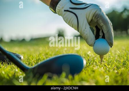 Primo piano di una palla che viene piazzata su un Tee da un giocatore di Golf in White Glove. Corso verde sullo sfondo. Testa di putter che posa su un'erba pronta per l'actio Foto Stock