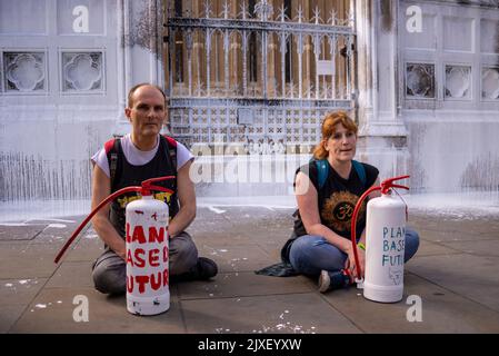 Westminster Bridge Road, Westminster, Londra, Regno Unito. 7th Set, 2022. I manifestanti vegani della ribellione animale hanno spruzzato vernice bianca su un muro del Palazzo di Westminster e bloccato la strada di Bridge Street all'esterno poco prima che il nuovo primo ministro Liz Truss arrivasse al Parlamento per le PMQ. Sono stati effettuati arresti. Protesta contro il latte Foto Stock