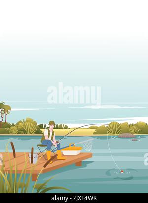 Fisherman si siede su un molo di legno e pesca con disegno vettoriale a canna formato verticale Illustrazione Vettoriale
