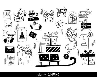 Scarabei di Natale. Collezione New Year decor, slitta con scatole e regali, calza di Natale e busta con soldi, etichette ed etichette con albero di Natale Illustrazione Vettoriale