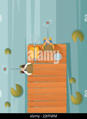 Fisherman si siede su un molo di legno e pesca con disegno vettoriale a canna formato verticale Illustrazione Vettoriale