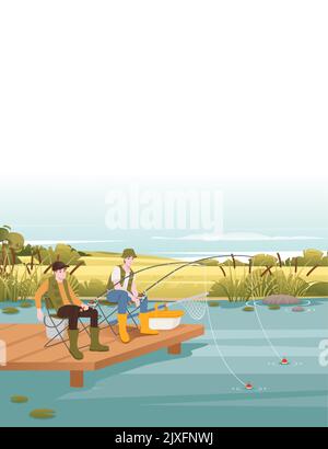 Fishermans siede sul molo di legno e pesca con disegno vettoriale della canna formato verticale Illustrazione Vettoriale