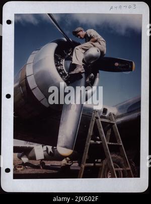 SGT. Dave Gray, Springfield, Mass., assistente capo equipaggio, lavorando su Propeller. Foto Stock