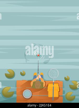 Fisherman si siede su un molo di legno e pesca con disegno vettoriale a canna formato verticale Illustrazione Vettoriale
