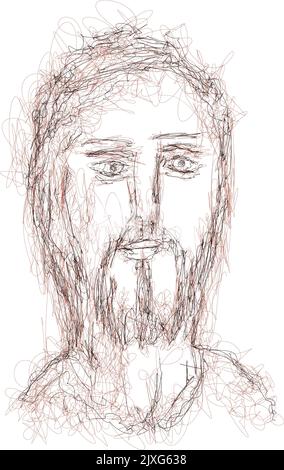 Volto immaginario di Gesù Cristo, religione cristiana cattolica e ortodossa, disegno vettoriale. Illustrazione Vettoriale