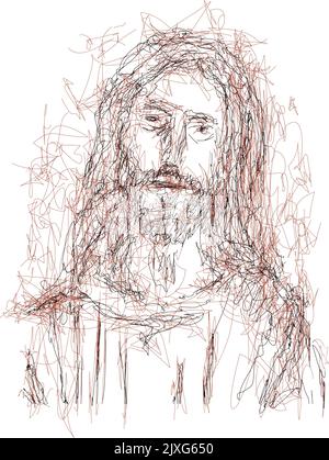Volto immaginario di Gesù Cristo, religione cristiana cattolica e ortodossa, disegno vettoriale. Illustrazione Vettoriale