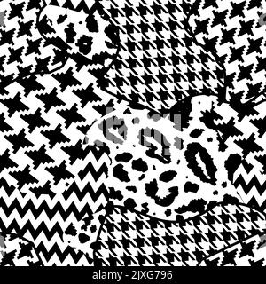 Stile artistico giapponese Kintsugi collage moderno bianco e nero con patchwork pelle animale mista a motivo geometrico, ornamento tartan in vettoriale senza cuciture Illustrazione Vettoriale