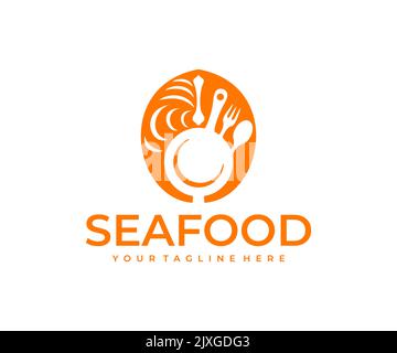 Frutti di mare, pesce, bistecca di pesce, padella, forchetta e cucchiaio, design del logo. Cibo, pasto, ristorante, cucina, disegno vettoriale e illustrazione Illustrazione Vettoriale