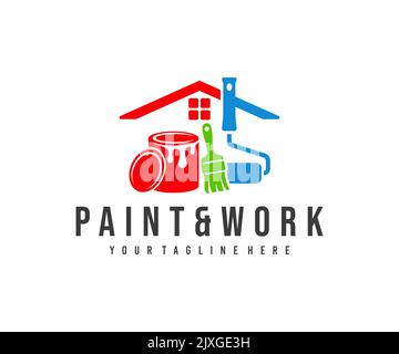 Pittura e decorazione, verniciatura e pittura di casa, logo design. Home, strumenti di pittura, lattina di pittura, pennello a rullo, disegno vettoriale Illustrazione Vettoriale