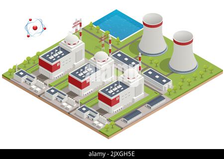 Le centrali nucleari isometriche sono un tipo di centrale elettrica che utilizza il processo di fissione nucleare per generare elettricità. Reattore nucleare Illustrazione Vettoriale