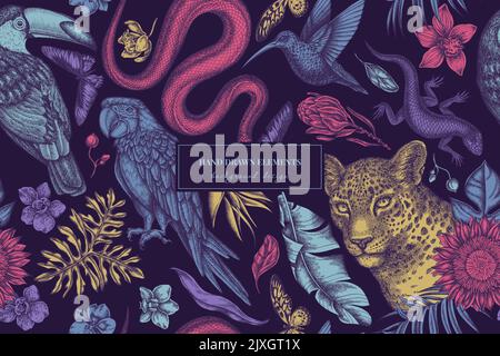 Animali tropicali senza cuciture modello di sfondo design. Stile inciso. leopardo disegnato a mano, serpente, lucertola, colibrì, toucan, scarlatto macaw, rajah Illustrazione Vettoriale