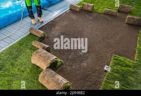 Cortile Giardino piscina Nuova installazione prato Naturale. Lavoro di architettura paesaggistica che ha tirato fuori i rulli per tappeti erbosi. Foto Stock