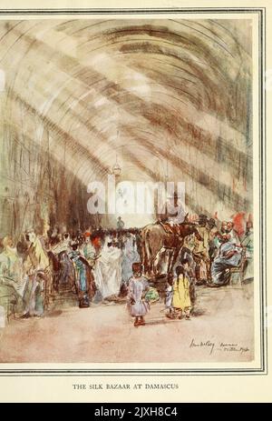 BAZAR DI SETA A DAMASCO, Siria (colore) frontespizio dal libro ' NILO AD ALEPPO ' DA HECTOR DINING CAPITANO. ESERCITO AUSTRALIANO ILLUSTRATO DA JAMES MCBEY EDITORE NEW YORK, MACMILLAN 1920 AL CAVALIERE LEGGERO DELL'AUSTRALIA E AI CAVALLI CHE SI SONO LEVATI ACCANTO A LORO QUESTO LIBRO È DEDICATO Foto Stock