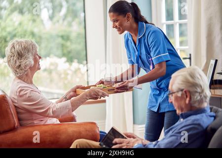 Lavoratore di cura femminile in uniforme portando pasto sul vassoio alla donna anziano seduta nella sala a casa Foto Stock