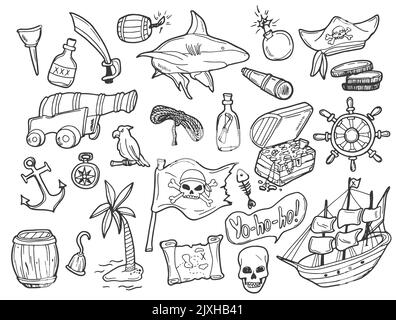 Set di disegni a mano libera a tema pirati. Simboli della pirateria - cappello, spade, pistole, scrigno del tesoro, nave, bandiera nera, emblema jolly roger, cranio e crossbone Illustrazione Vettoriale