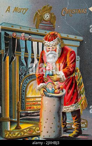 Illustrazione intitolata "buon Natale" raffigurante Babbo Natale che consegna regali ai bambini. Datato 19th ° secolo Foto Stock