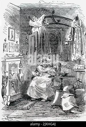 Illustrazione per un Charles Dickens (1812-1870) scrittore inglese e critico sociale, Penny Readings. Sarah Gamp è visto bere il suo tè nel suo appartamento. Datato 19th ° secolo Foto Stock