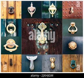 Collezione di vari oggetti d'oro e bronzo antichi closeup porta Knockers Foto Stock