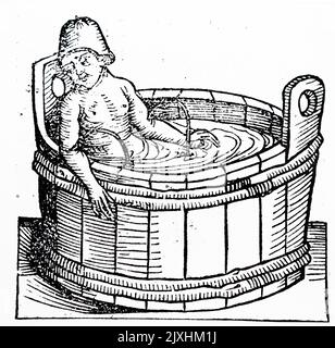 Legno raffigurante il suicidio di Seneca il giovane (4 a.C.- 65 d.C.) filosofo stoico romano, statista, drammaturgo e autore, nella vasca da bagno. Datato 15th ° secolo Foto Stock