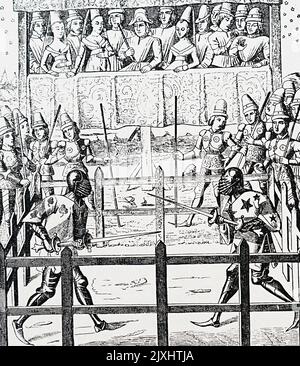 Incisione raffigurante il combattimento giudiziario: Duello tra cavalieri corazzati non montati. Datato 16th ° secolo Foto Stock