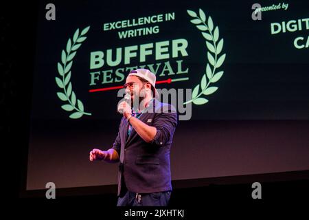 Toronto, Canada. 28th ago, 2022. Fred Bastien partecipa allo screening di gala dei Buffer Awards. Buffer Festival è il più grande festival internazionale del cinema digitale. Curando e celebrando le anteprime video dei più acclamati creatori digitali di oggi. Credit: SOPA Images Limited/Alamy Live News Foto Stock