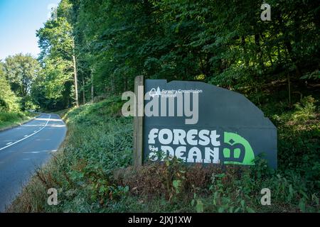 Gloucestershire, Inghilterra UK- Agosto 2022: Un'auto che guida fino al confine della Foresta di Dean. Una riserva naturale forestale e destinazione turistica Foto Stock