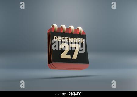 Calendario da tavolo in piedi nero e rosso mese con data dicembre 27. Design moderno con elementi dorati, illustrazione in 3D. Sfondo grigio blu Foto Stock
