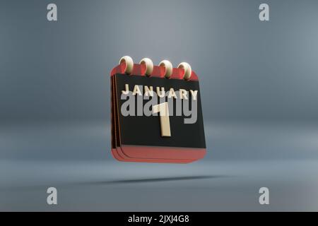 Calendario da tavolo in piedi nero e rosso mese con data gennaio 1. Design moderno con elementi dorati, illustrazione in 3D. Backgro grigio blu Foto Stock