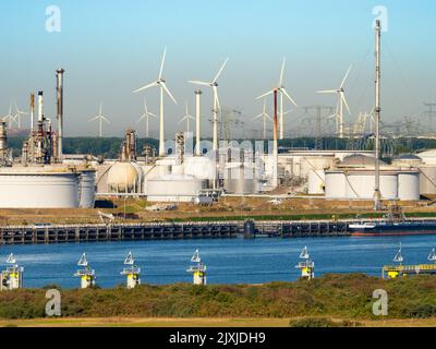 Il passato e il futuro dell'approvvigionamento energetico: Turbine eoliche e enormi serbatoi di stoccaggio del petrolio fuori da Rotterdam, nei Paesi Bassi. Il porto di Rotterdam è la Foto Stock