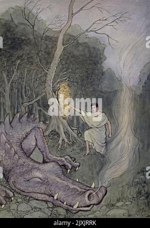 Jason catturò il vello dall'albero dal libro ' Tanglewood Tales ' di Hawthorne, Nathaniel, 1804-1864 illustrato da Milo Winter Pubblicazione data 1913 Editore Chicago : Rand McNally & Company Tanglewood Tales for Boys and Girls (1853) è un libro dell'autore americano Nathaniel Hawthorne, un sequel di Un Wonder-Book for Girls and Boys. Si tratta di una riscrittura di noti miti greci in un volume per bambini. Foto Stock