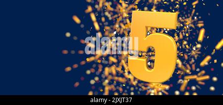 Oro numero 5 in primo piano con coriandoli d'oro cadenti e fuochi d'artificio dietro fuori fuoco su sfondo blu scuro. 3D Illustrazione Foto Stock