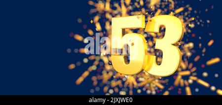 Oro numero 53 in primo piano con coriandoli d'oro cadenti e fuochi d'artificio dietro fuori fuoco su sfondo blu scuro. 3D Illustrazione Foto Stock