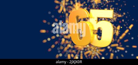 Oro numero 65 in primo piano con coriandoli d'oro cadenti e fuochi d'artificio dietro fuori fuoco su sfondo blu scuro. 3D Illustrazione Foto Stock