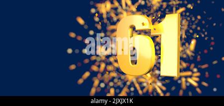 Oro numero 61 in primo piano con coriandoli d'oro cadenti e fuochi d'artificio dietro fuori fuoco su sfondo blu scuro. 3D Illustrazione Foto Stock