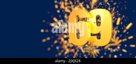 Oro numero 69 in primo piano con coriandoli d'oro cadenti e fuochi d'artificio dietro fuori fuoco su sfondo blu scuro. 3D Illustrazione Foto Stock