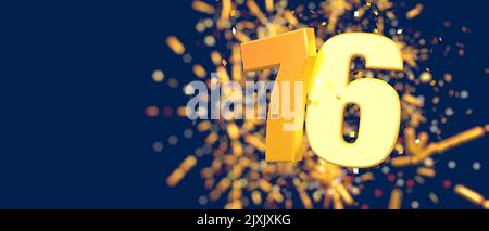 Oro numero 76 in primo piano con coriandoli d'oro cadenti e fuochi d'artificio dietro fuori fuoco su sfondo blu scuro. 3D Illustrazione Foto Stock