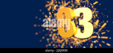 Oro numero 83 in primo piano con coriandoli d'oro cadenti e fuochi d'artificio dietro fuori fuoco su sfondo blu scuro. 3D Illustrazione Foto Stock