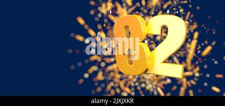 Oro numero 82 in primo piano con coriandoli d'oro cadenti e fuochi d'artificio dietro fuori fuoco su sfondo blu scuro. 3D Illustrazione Foto Stock