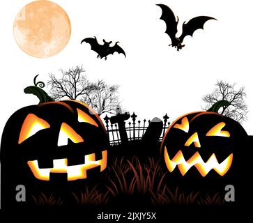 Zucca di Halloween e pipistrelli sfondo cimitero Illustrazione Vettoriale