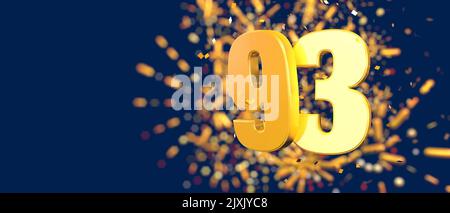 Oro numero 93 in primo piano con coriandoli d'oro cadenti e fuochi d'artificio dietro fuori fuoco su sfondo blu scuro. 3D Illustrazione Foto Stock