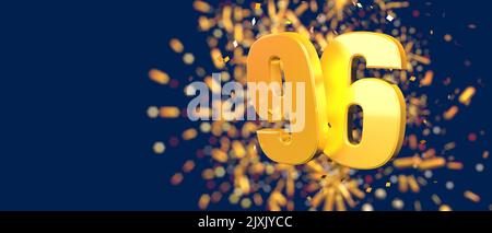Oro numero 96 in primo piano con coriandoli d'oro cadenti e fuochi d'artificio dietro fuori fuoco su sfondo blu scuro. 3D Illustrazione Foto Stock