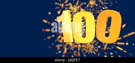 Oro numero 100 in primo piano con coriandoli d'oro cadenti e fuochi d'artificio dietro fuori fuoco su sfondo blu scuro. 3D Illustrazione Foto Stock