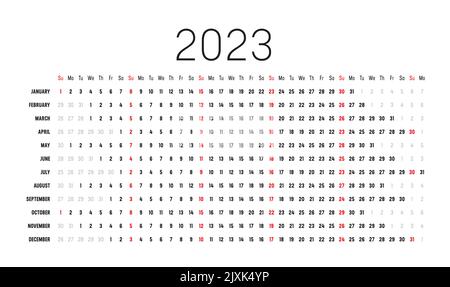 Calendario a muro dell'anno 2023 con date allineate. Modello vettoriale di una pagina, design lineare e orizzontale. Illustrazione Vettoriale