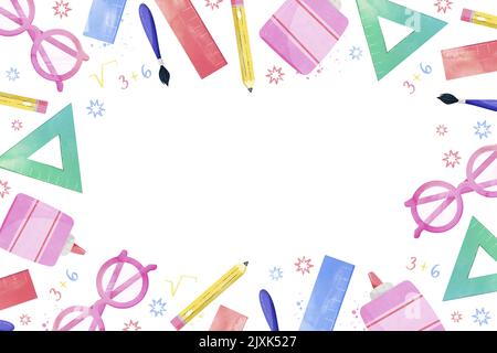 Acquerello di nuovo alla priorità bassa della scuola con i rifornimenti della scuola illustrazione del vettore. Illustrazione Vettoriale