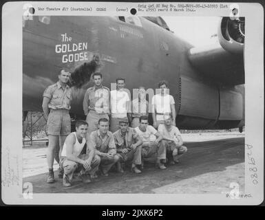 I membri dell'equipaggio del B-24 consolidato "L'OCA D'ORO", attaccati al 530th Bomb Squadron, 380th Bomb Group a Fenton Field, Australia, che hanno partecipato alla missione di bombardamento su Balikpapen, Borneo, posano accanto al loro aereo dopo Foto Stock