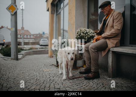 Uomo anziano infelice seduto sul banco di fronte al negozio e in attesa di qualcuno con il suo grande cane bianco. Foto Stock